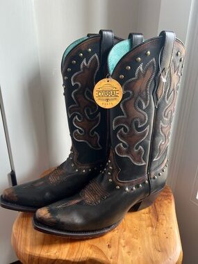 Corral Black and Brown Studded Western Heeled Boots with Turquoise Lining